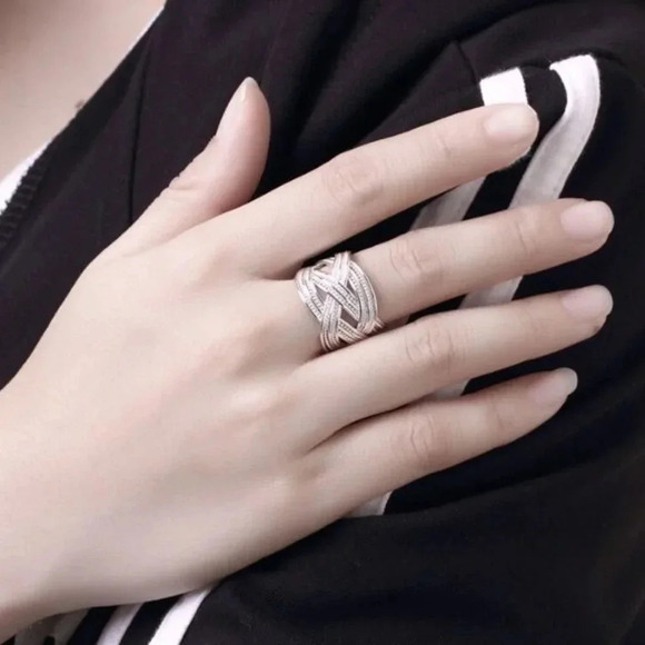 925 Sterling Silver Thick Wide Band Twist Criss Cross Ring - Picture 6 of 7